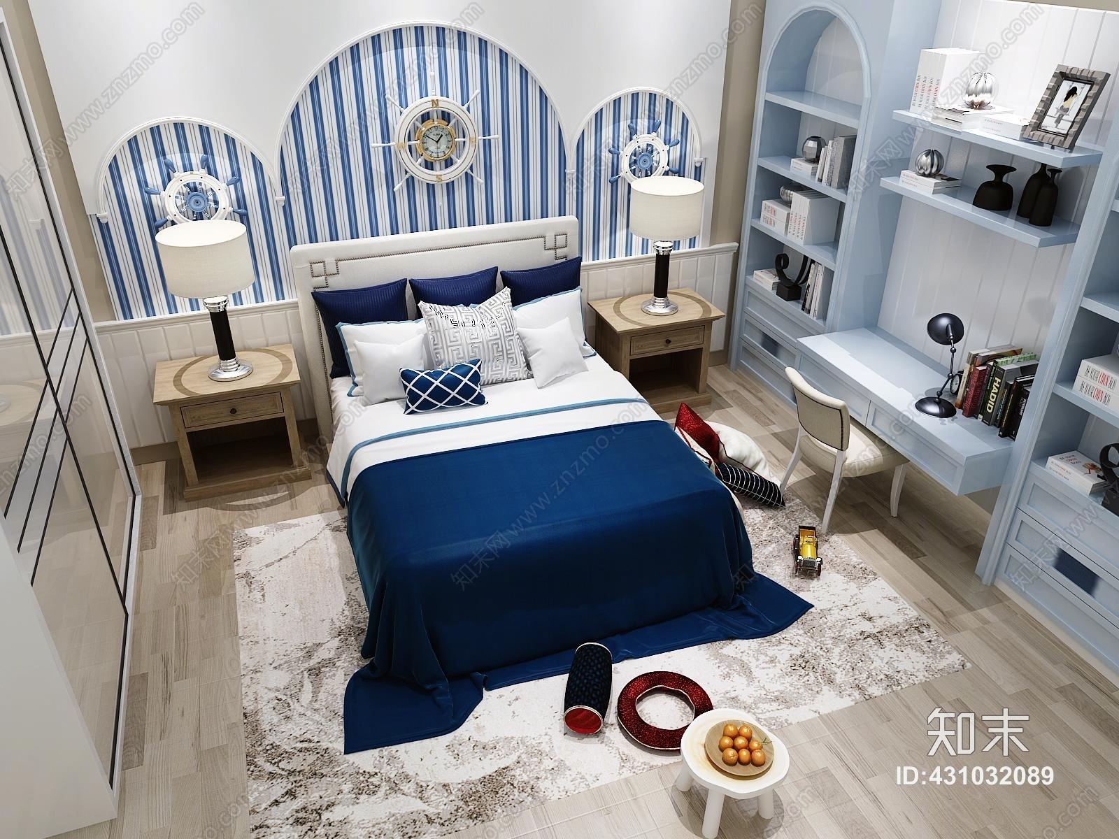 地中海儿童床衣柜书桌书柜组合3D模型下载【ID:431032089】