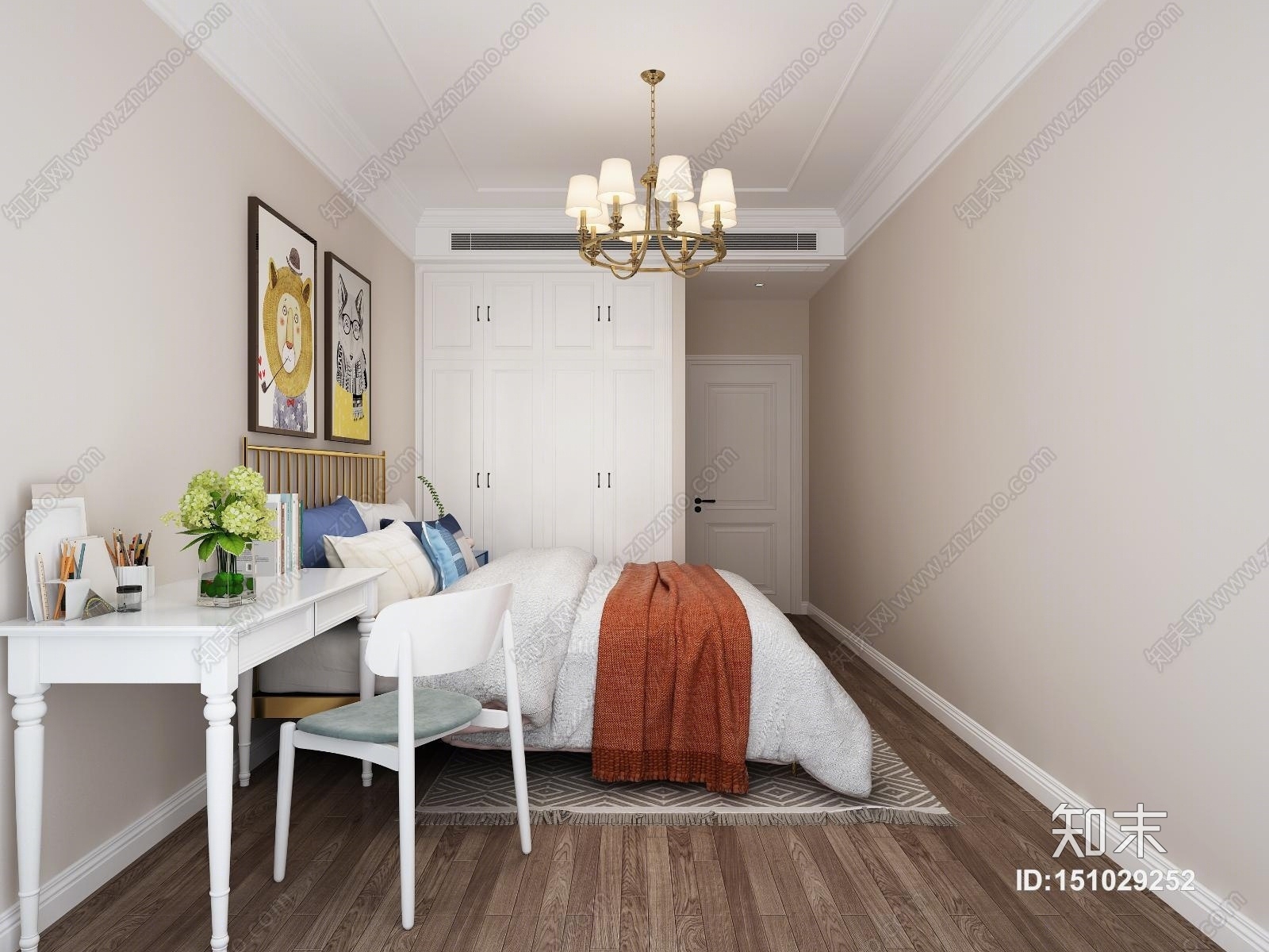 美式儿童房衣柜书桌3D模型下载【ID:151029252】