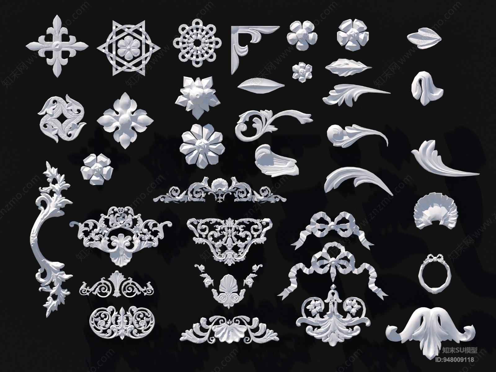 欧式石膏线雕花角花SU模型下载【ID:948009118】