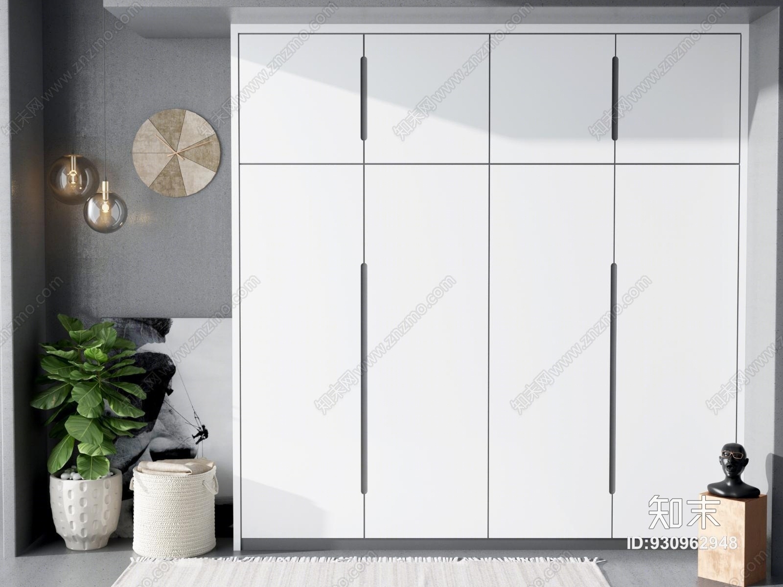 现代简约衣柜吊灯钟表摆件盆栽组合3D模型下载【ID:930962948】