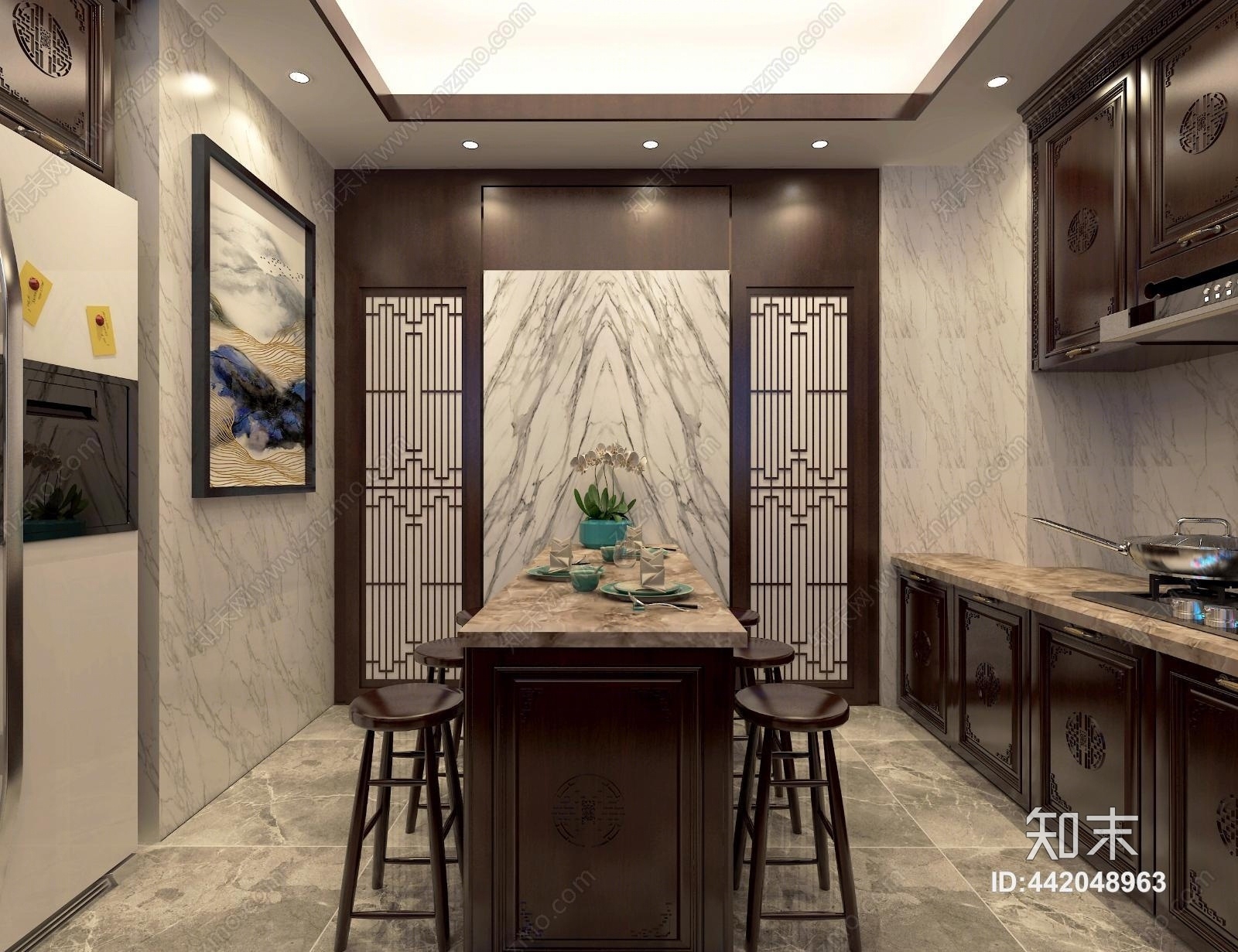 新中式移门厨房3D模型下载【ID:442048963】