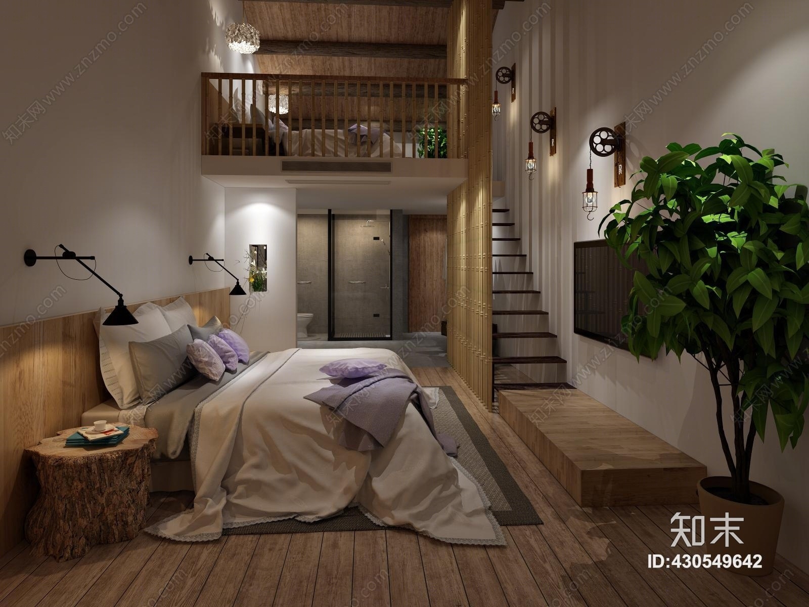 现代民宿客房自然风名宿3D模型下载【ID:430549642】