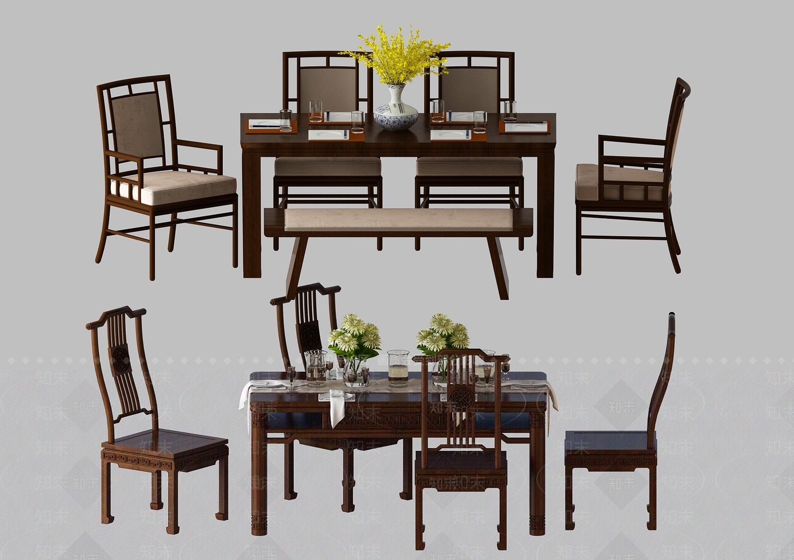 简欧中式餐桌组合3D模型下载【ID:134941838】