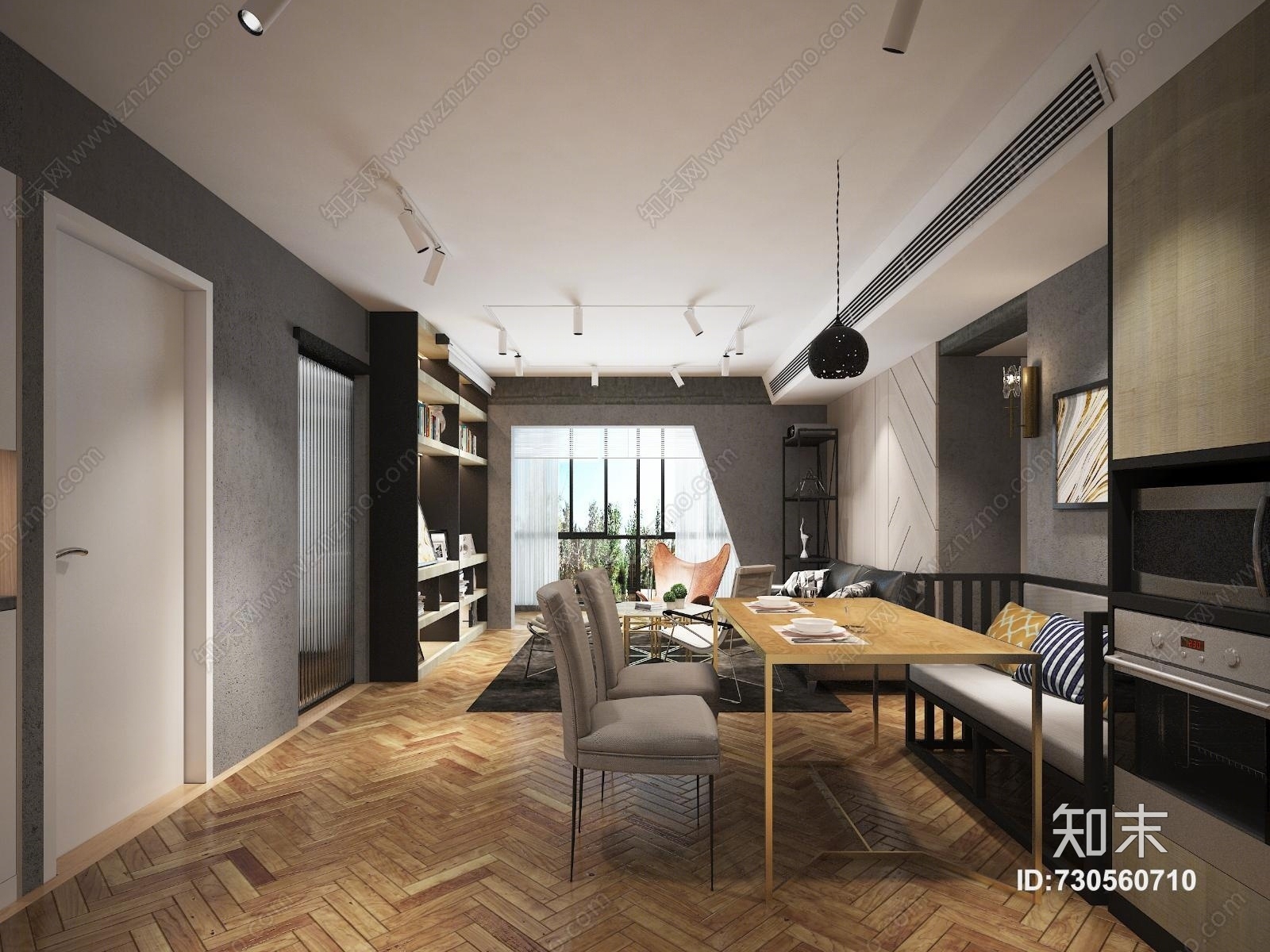 工业风现代轻奢工业风客厅餐厅3D模型下载【ID:730560710】