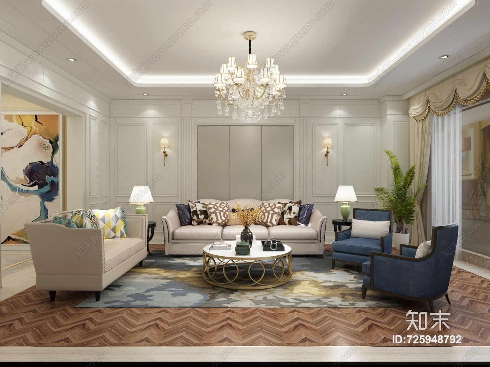 欧式沙发背景3D模型下载【ID:725948792】