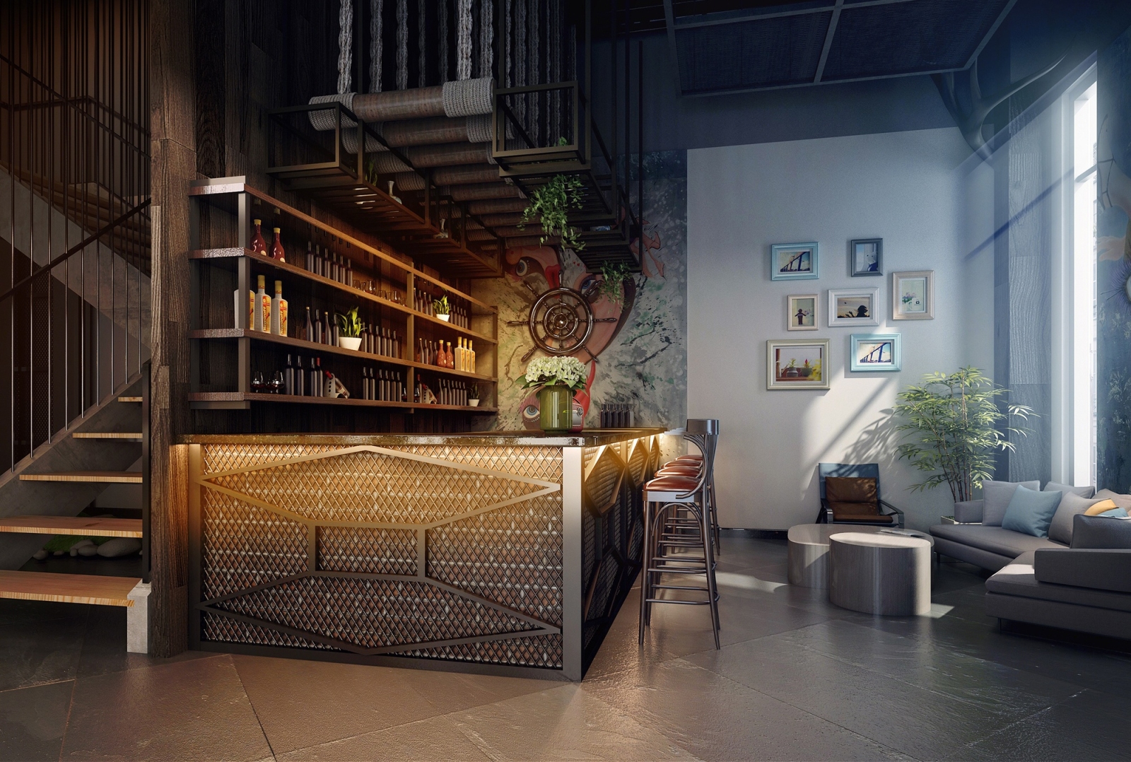 工业风餐厅吧台3D模型下载【ID:732846262】