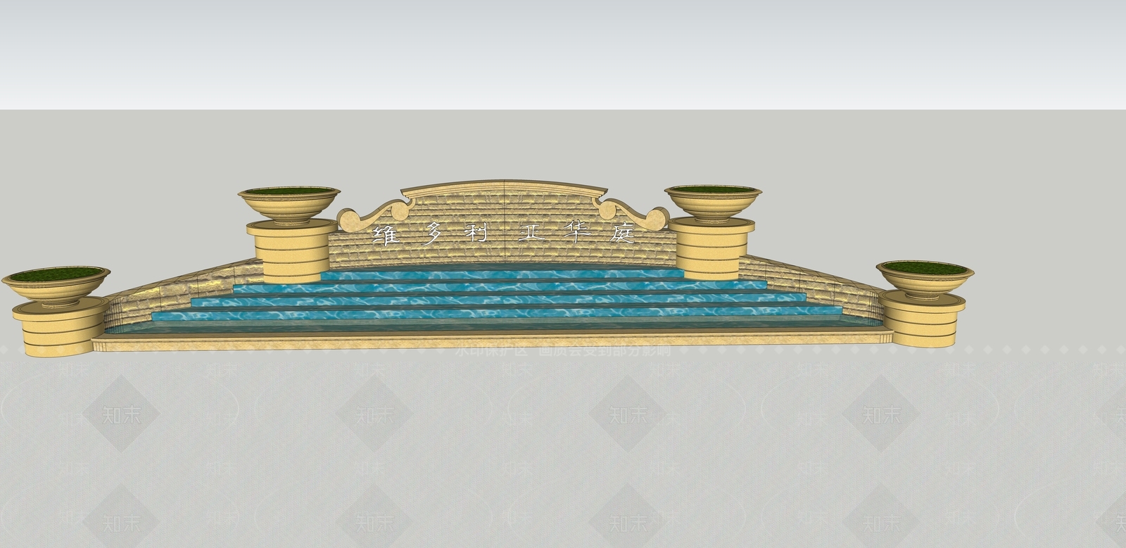 欧式小区入口水景跌水挡墙花钵降落伞SU模型下载【ID:732475418】