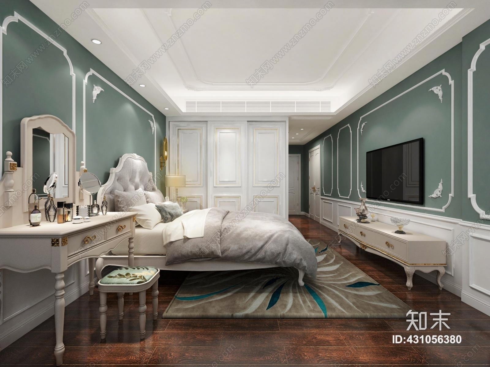 美式卧室床梳妆台凳子壁灯电视柜衣柜角线石膏线台灯床头柜3D模型下载【ID:431056380】