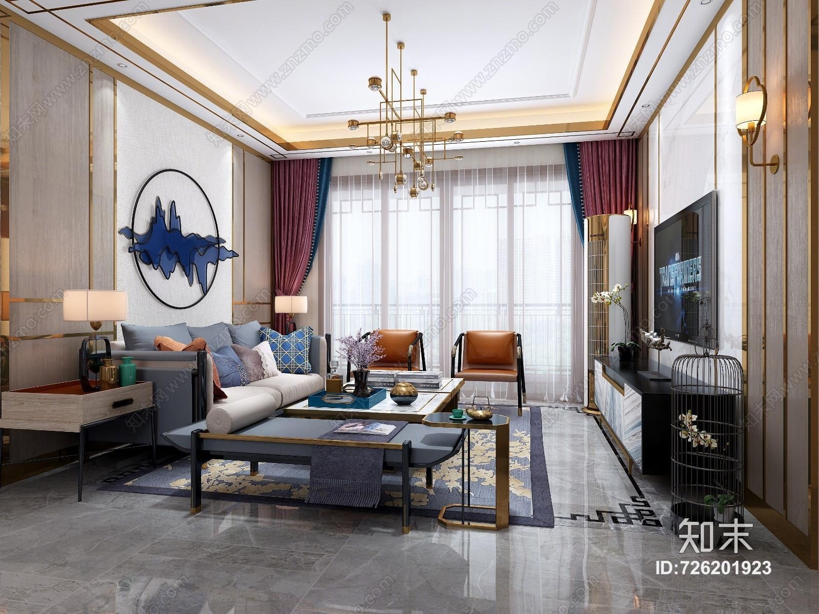 新中式客厅中式沙发中式吊灯3D模型下载【ID:726201923】