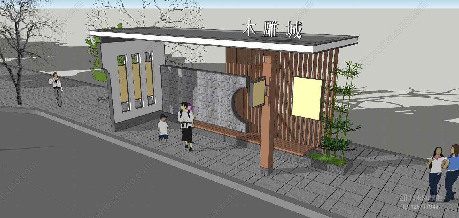 新中式公交站台方案SU模型下载【ID:125777948】