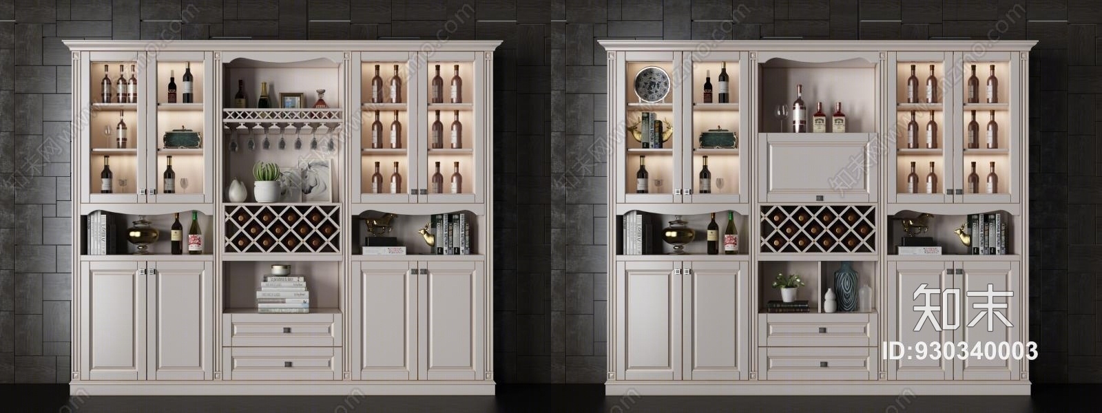 现代酒柜挂画酒杯酒瓶组合3D模型下载【ID:930340003】