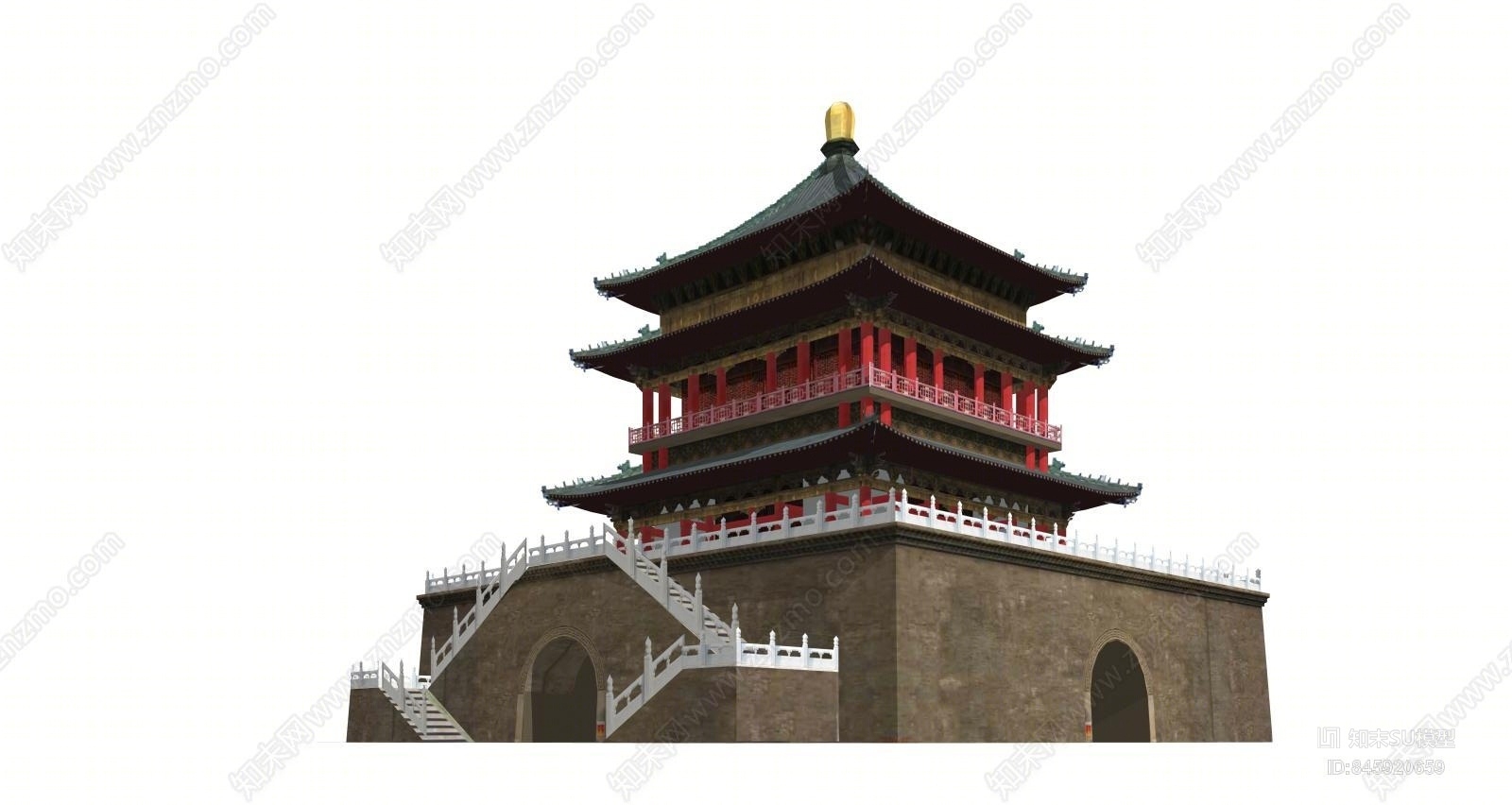 中式西安钟楼SU模型下载【ID:845920659】