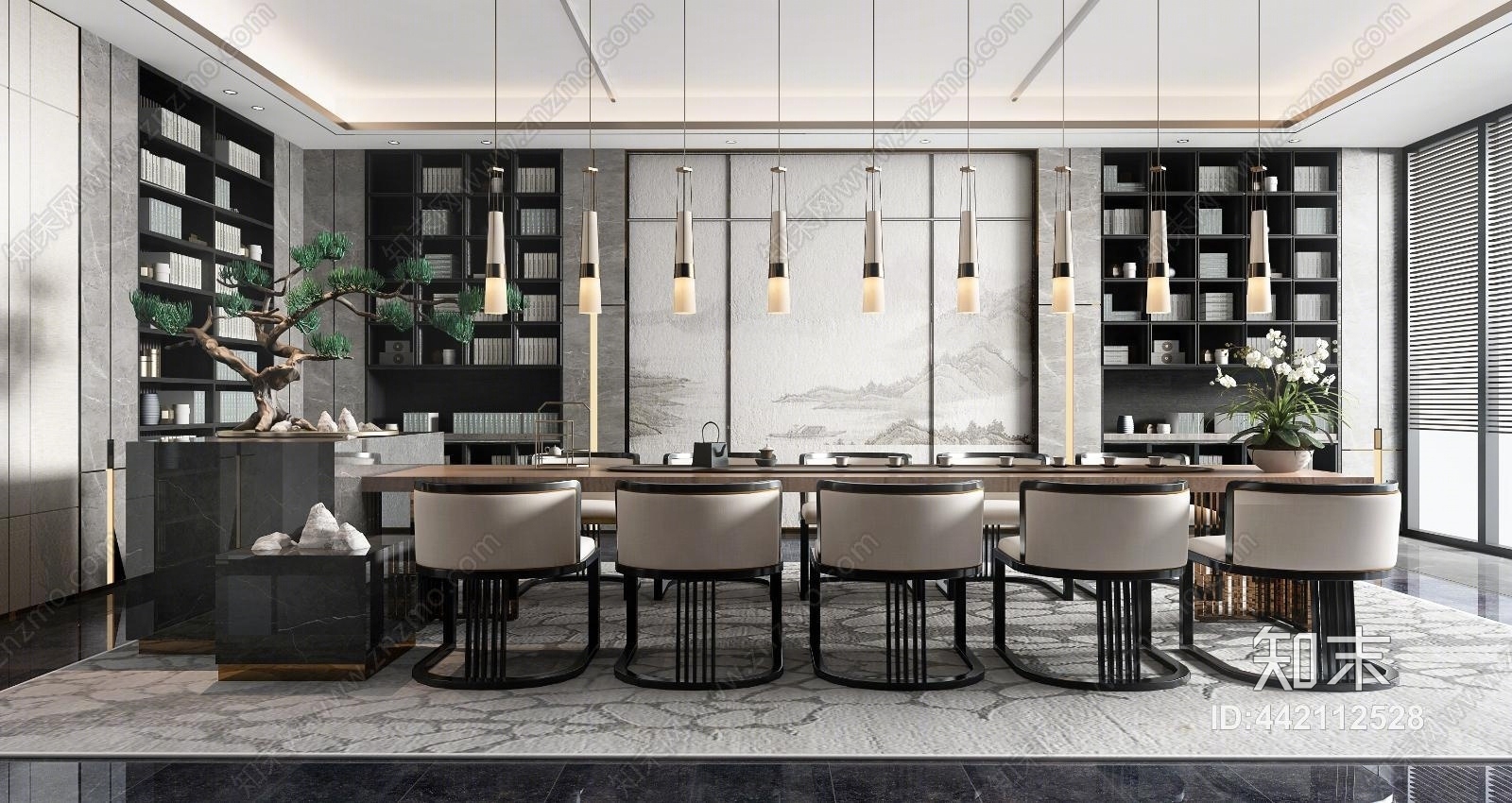 新中式售楼处品茶区3D模型下载【ID:442112528】