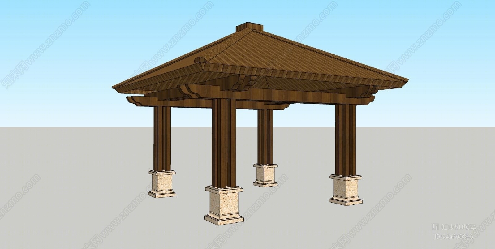 中式防腐木景观亭SU模型下载【ID:444309885】
