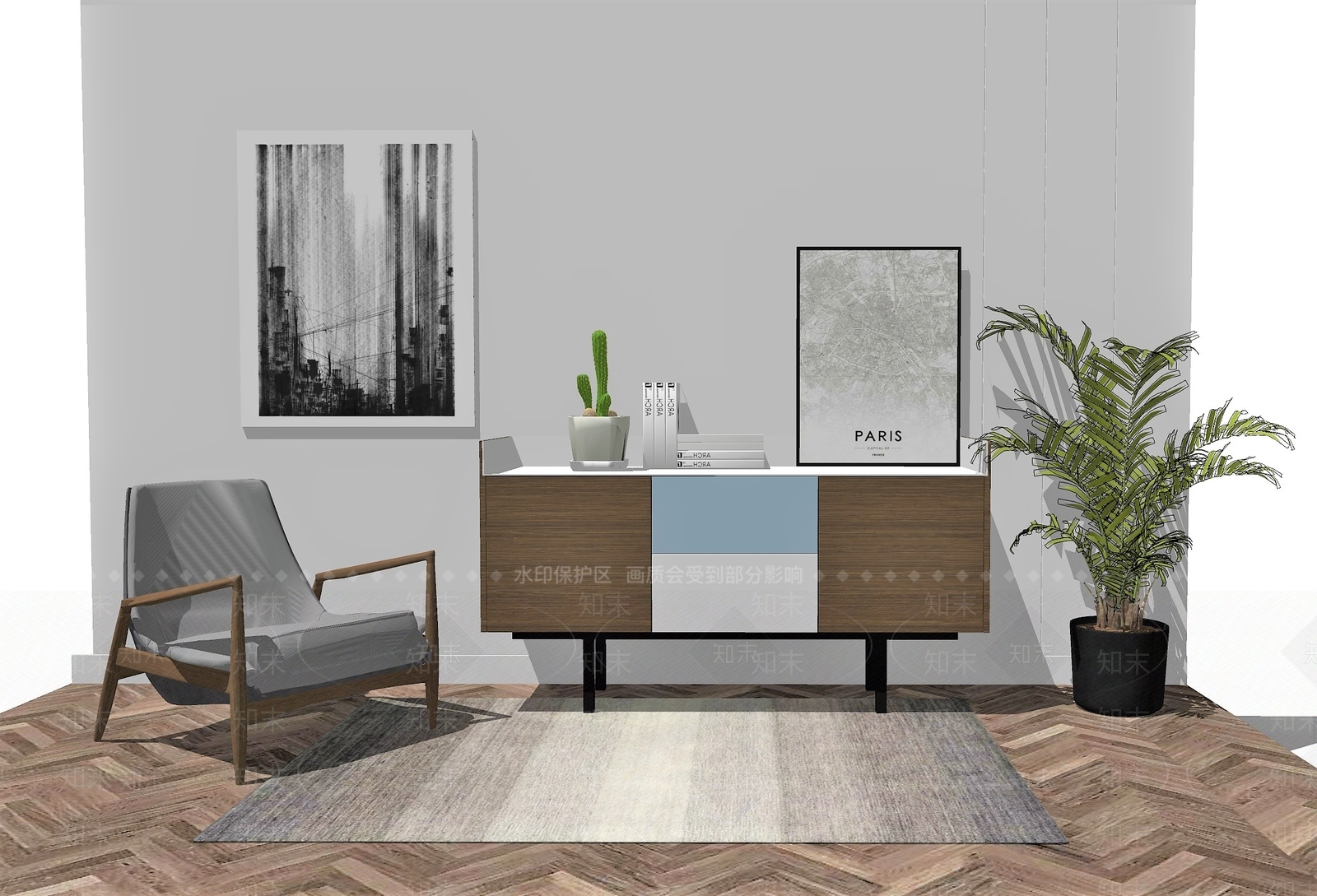 现代北欧玄关柜单人沙发装饰画组合SU模型下载【ID:235255278】