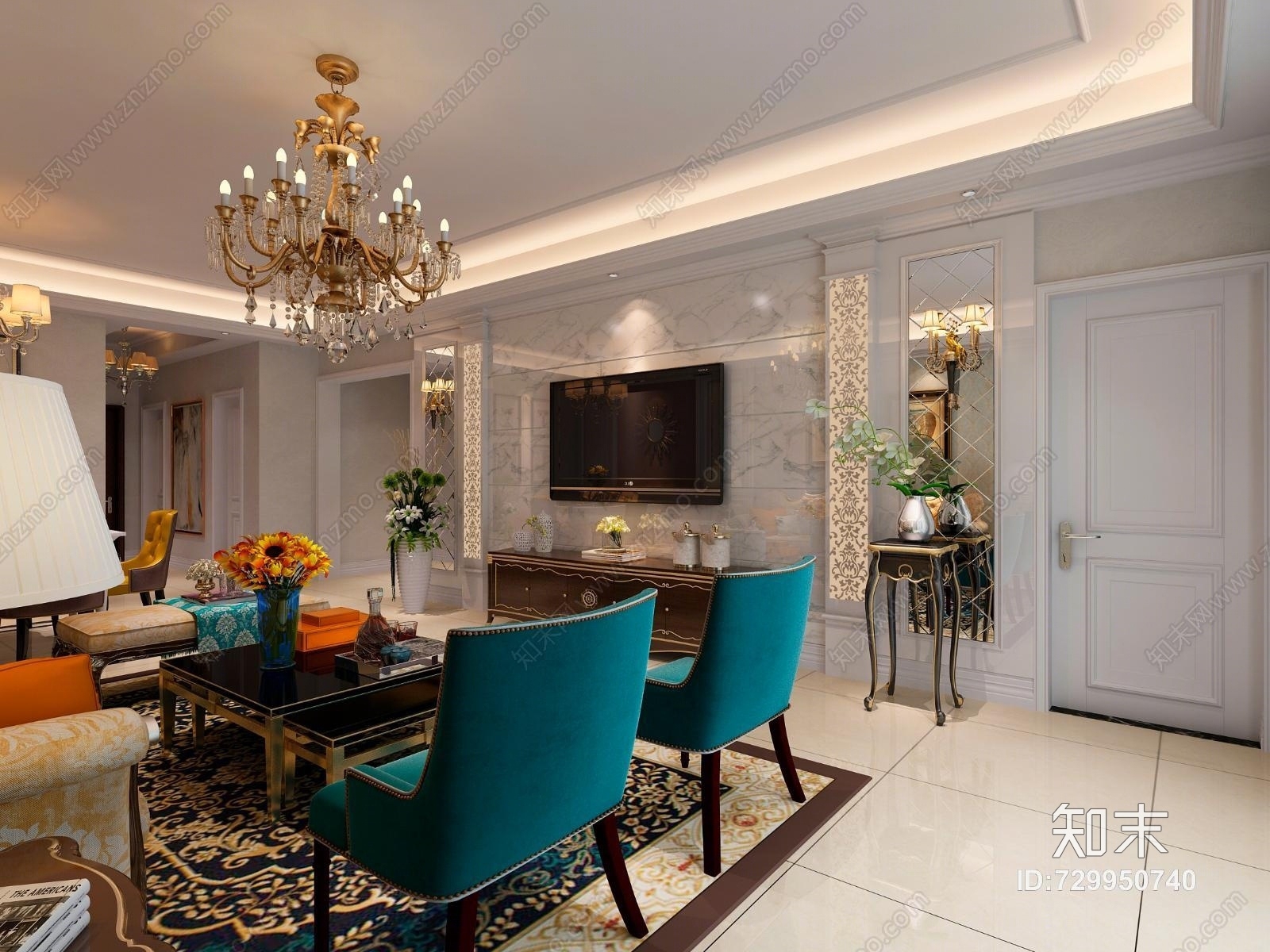 简欧欧式客餐厅效果图3D模型下载【ID:729950740】