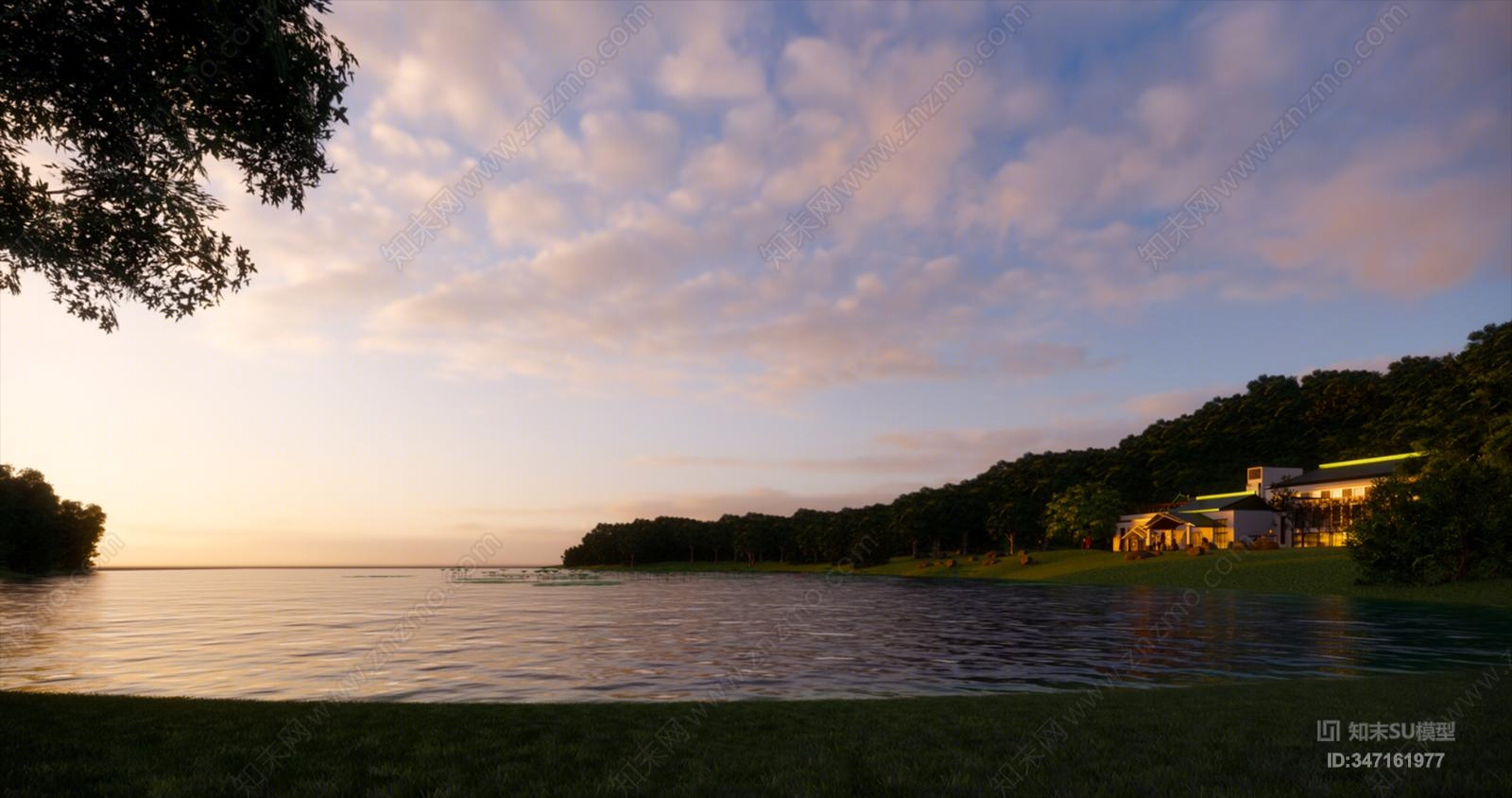 中式会所建筑景观SU模型下载【ID:347161977】