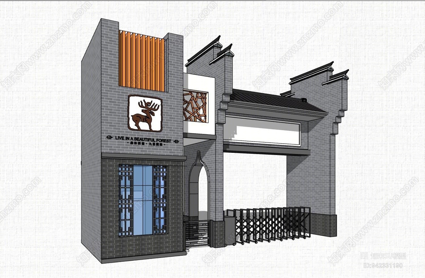 中式古典门楼SU模型下载【ID:942331190】