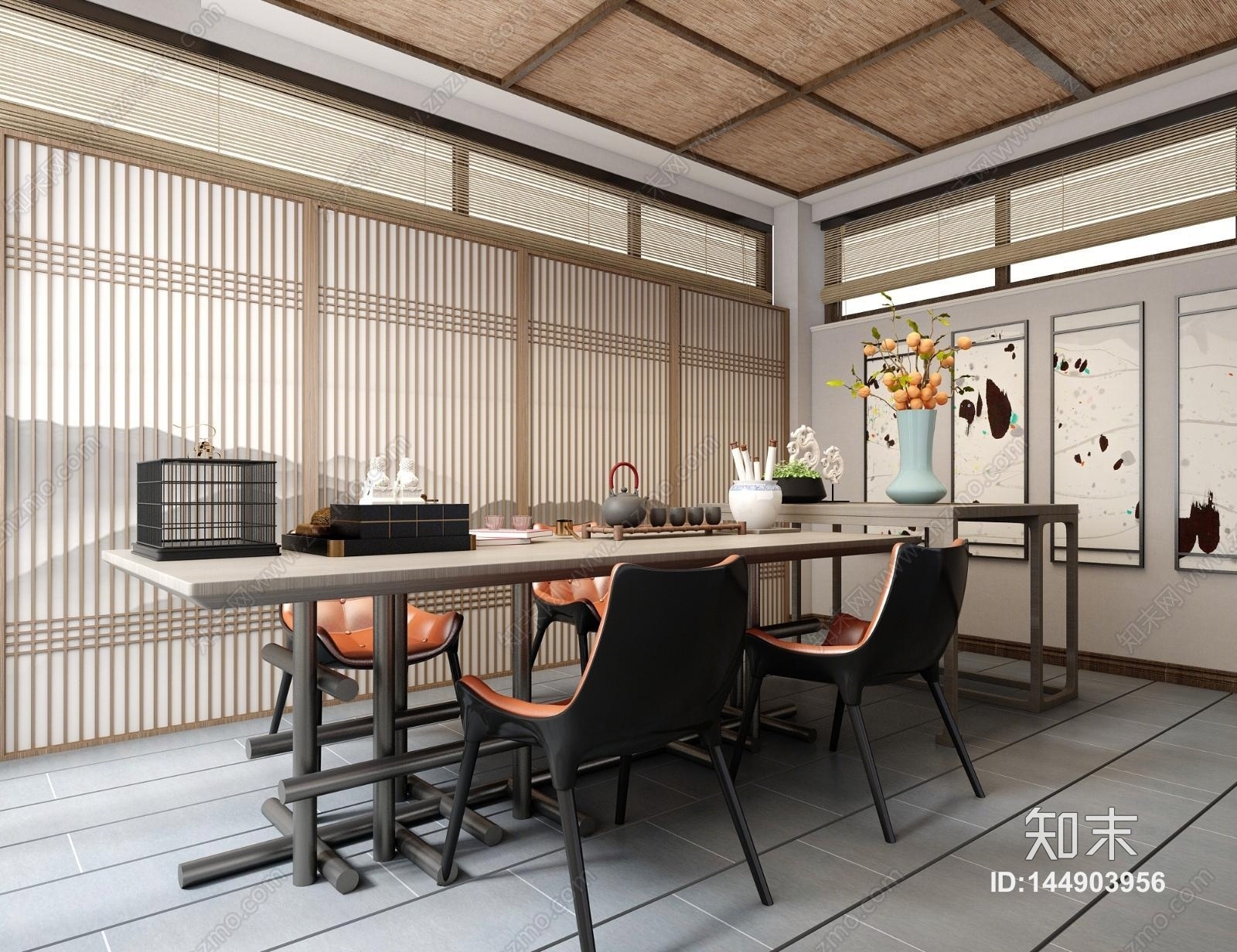 新中式禅意茶桌椅茶具饰品组合3D模型下载【ID:144903956】