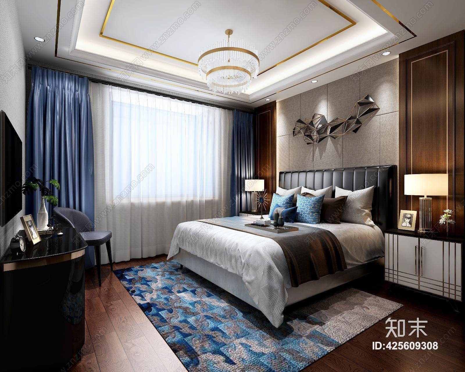 简约中式卧室3D模型下载【ID:425609308】