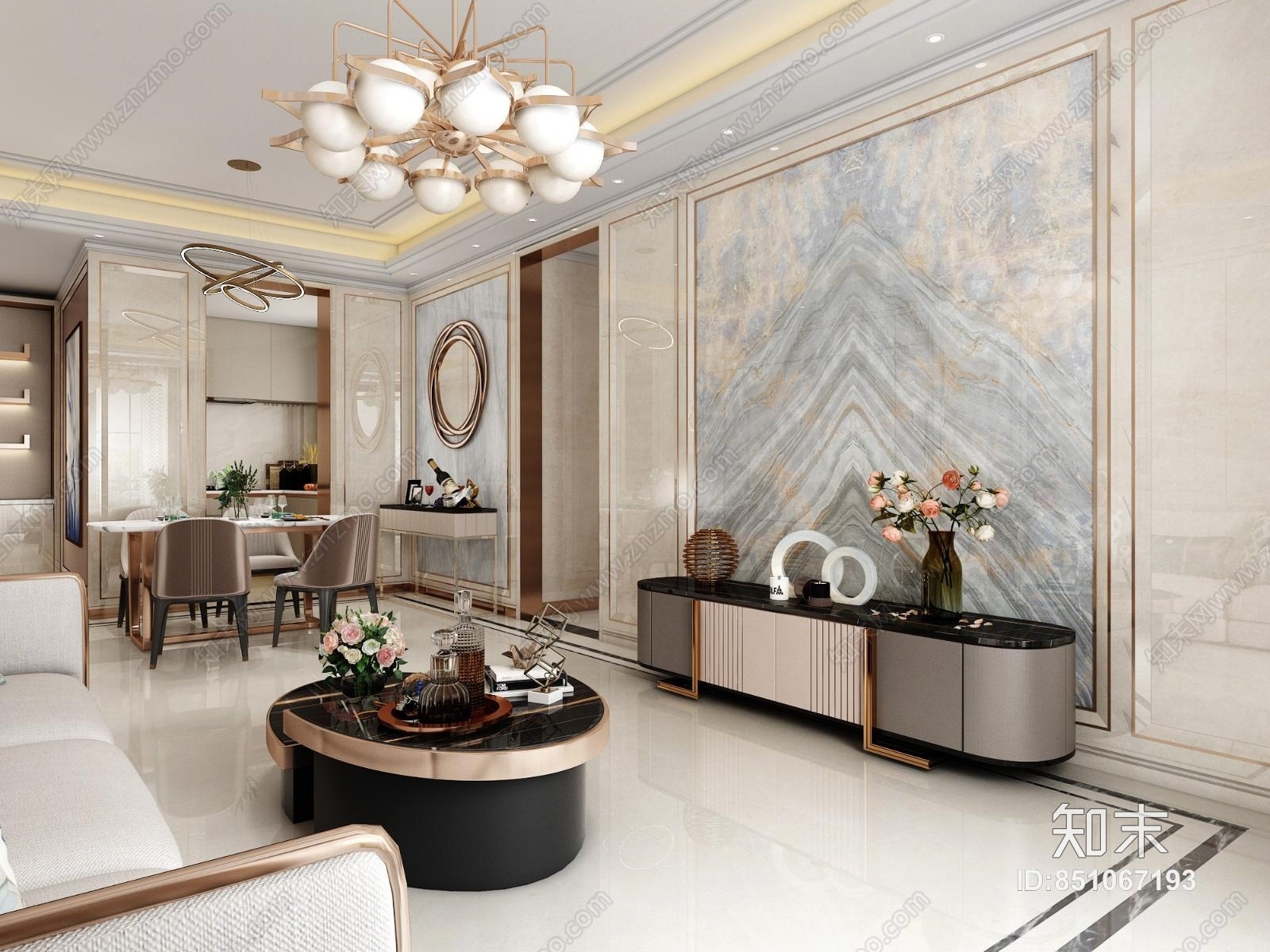 现代石材轻奢客餐厅沙发茶几电视柜组合样板间3D模型下载【ID:851067193】