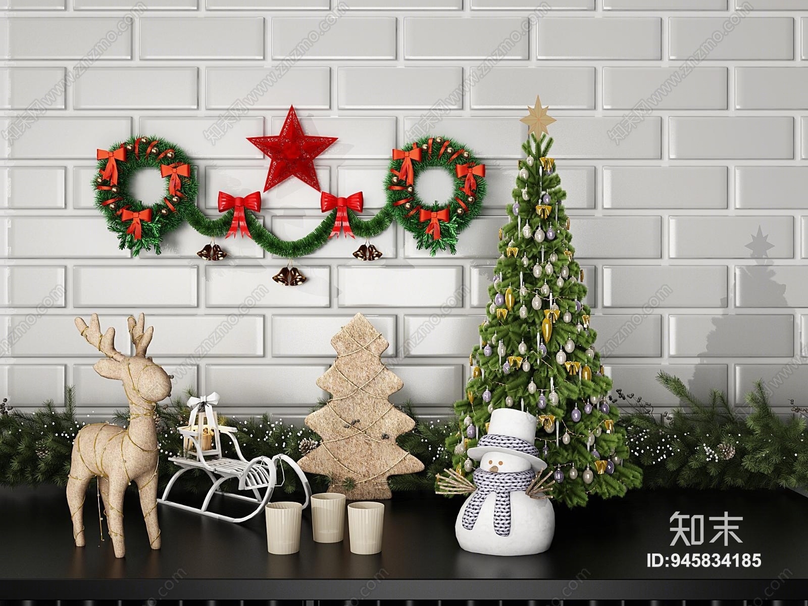 现代轻奢圣诞节圣诞树简约摆件组合陈列品3D模型下载【ID:945834185】