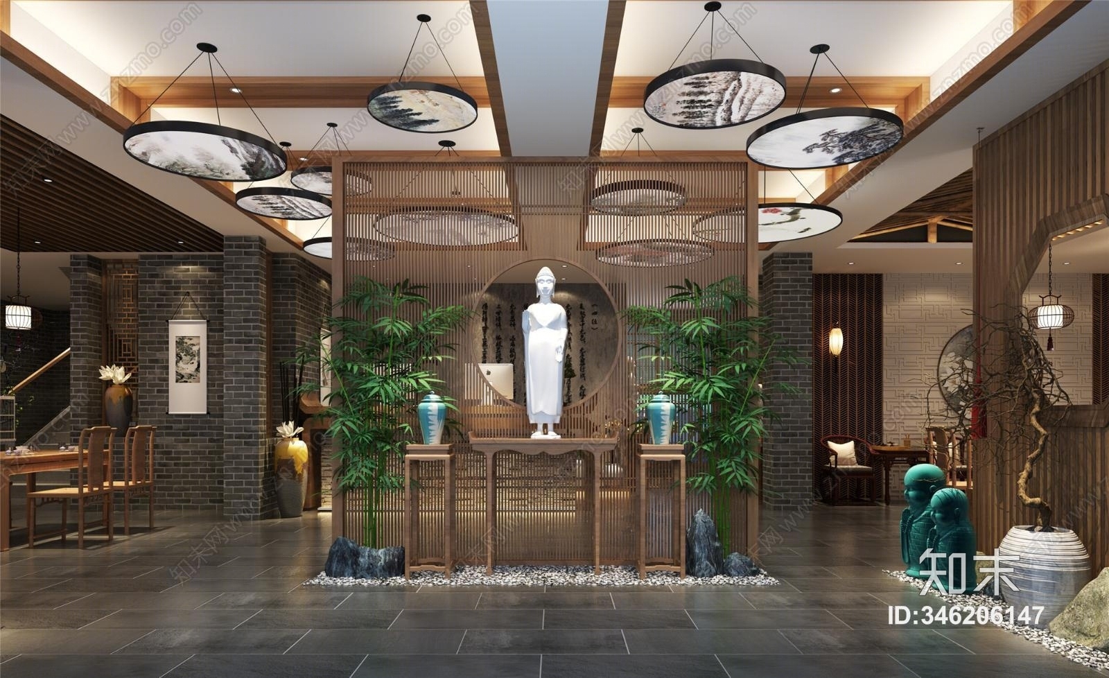 中式餐饮大厅3D模型下载【ID:346206147】