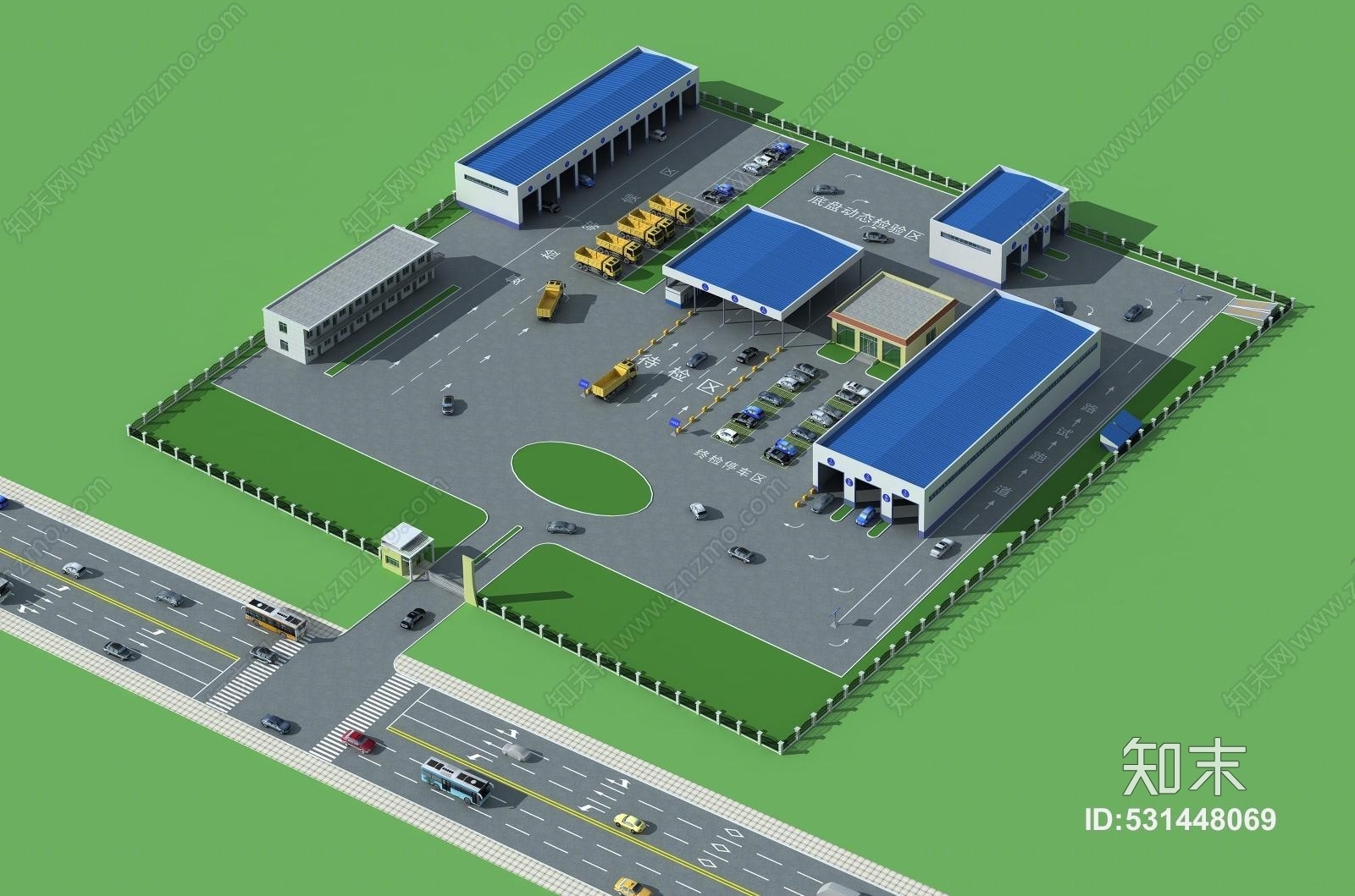 现代场区鸟瞰图,办公楼,马路,汽车,厂房,车间,汽修3D模型下载【ID:531448069】