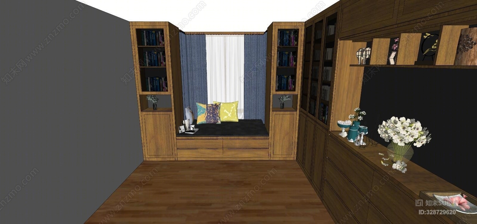 原木风黑玻书柜书房空间模型室内SU模型下载【ID:328729620】