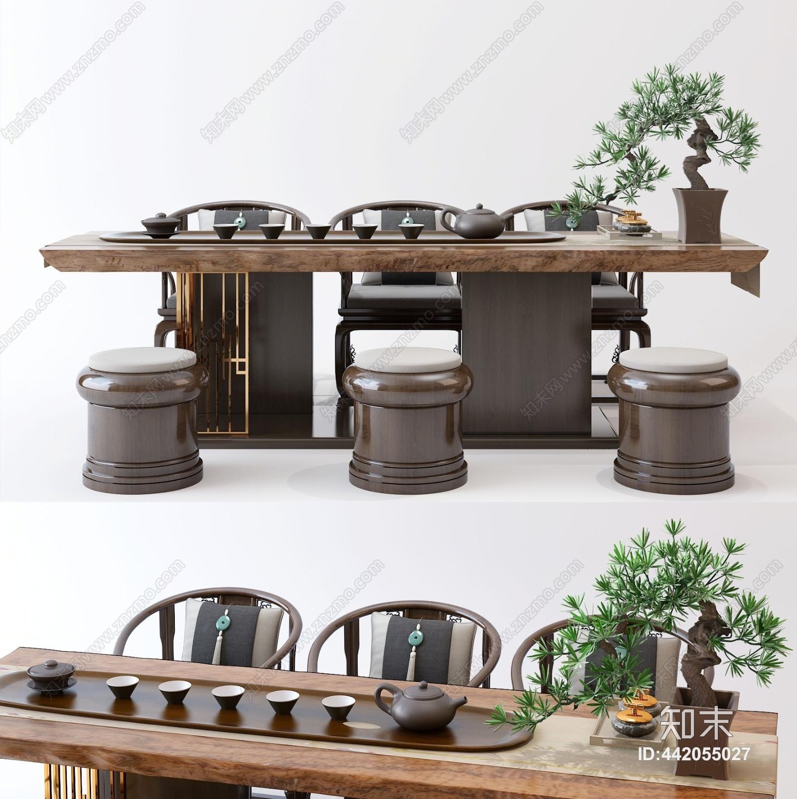 中式椅子茶几盆栽组合3D模型下载【ID:442055027】