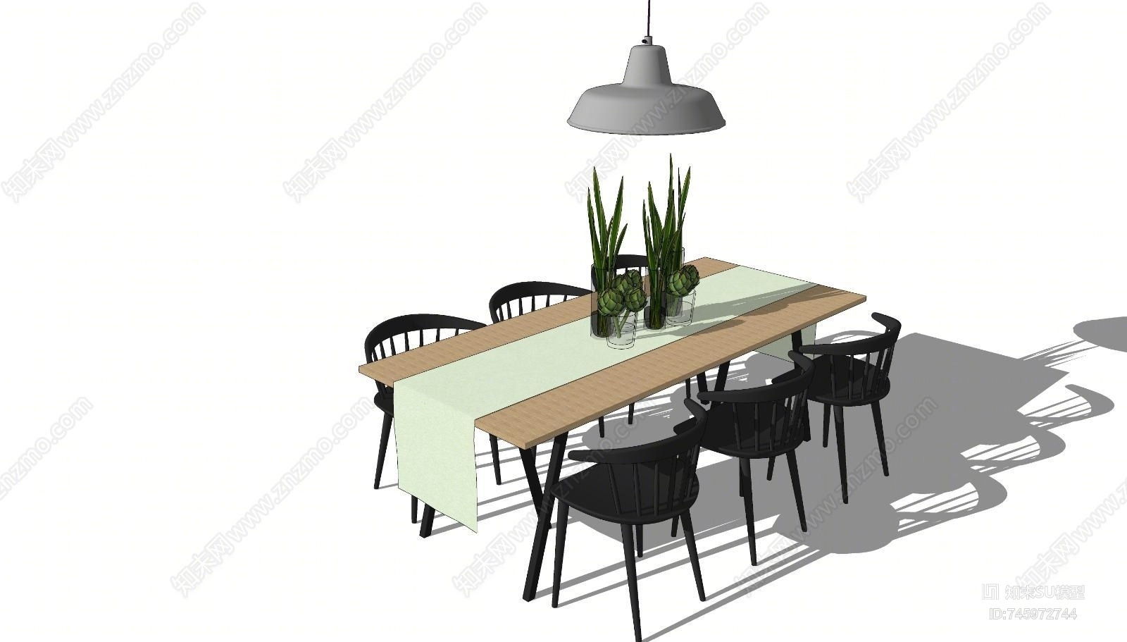 现代风格实木餐桌椅子组合SU模型下载【ID:745972744】