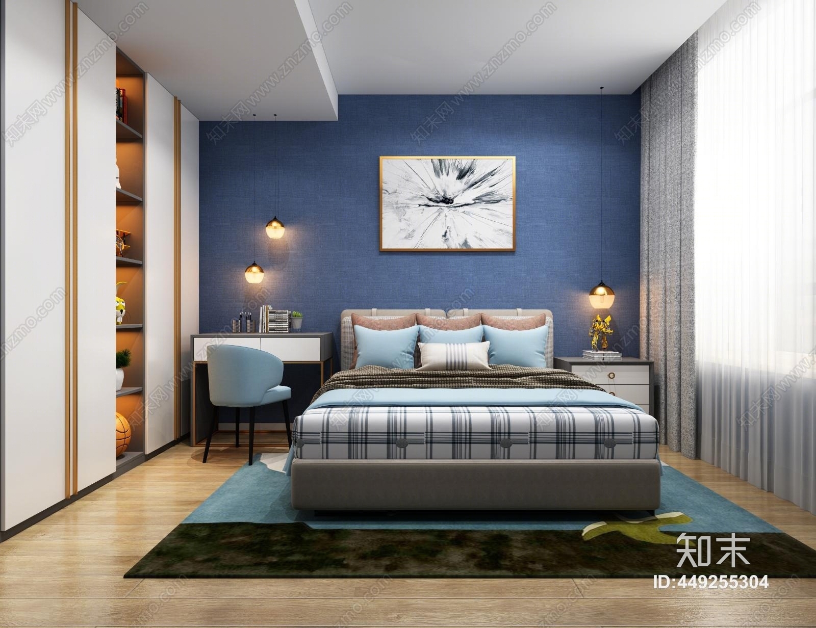 新中式现代风格卧室3D模型下载【ID:449255304】