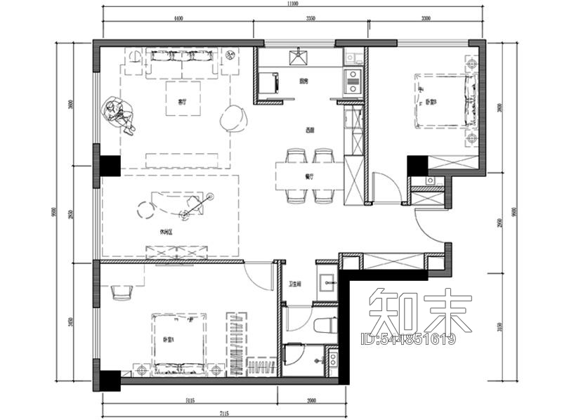 95㎡公寓户型精装施工图施工图下载【ID:544851619】