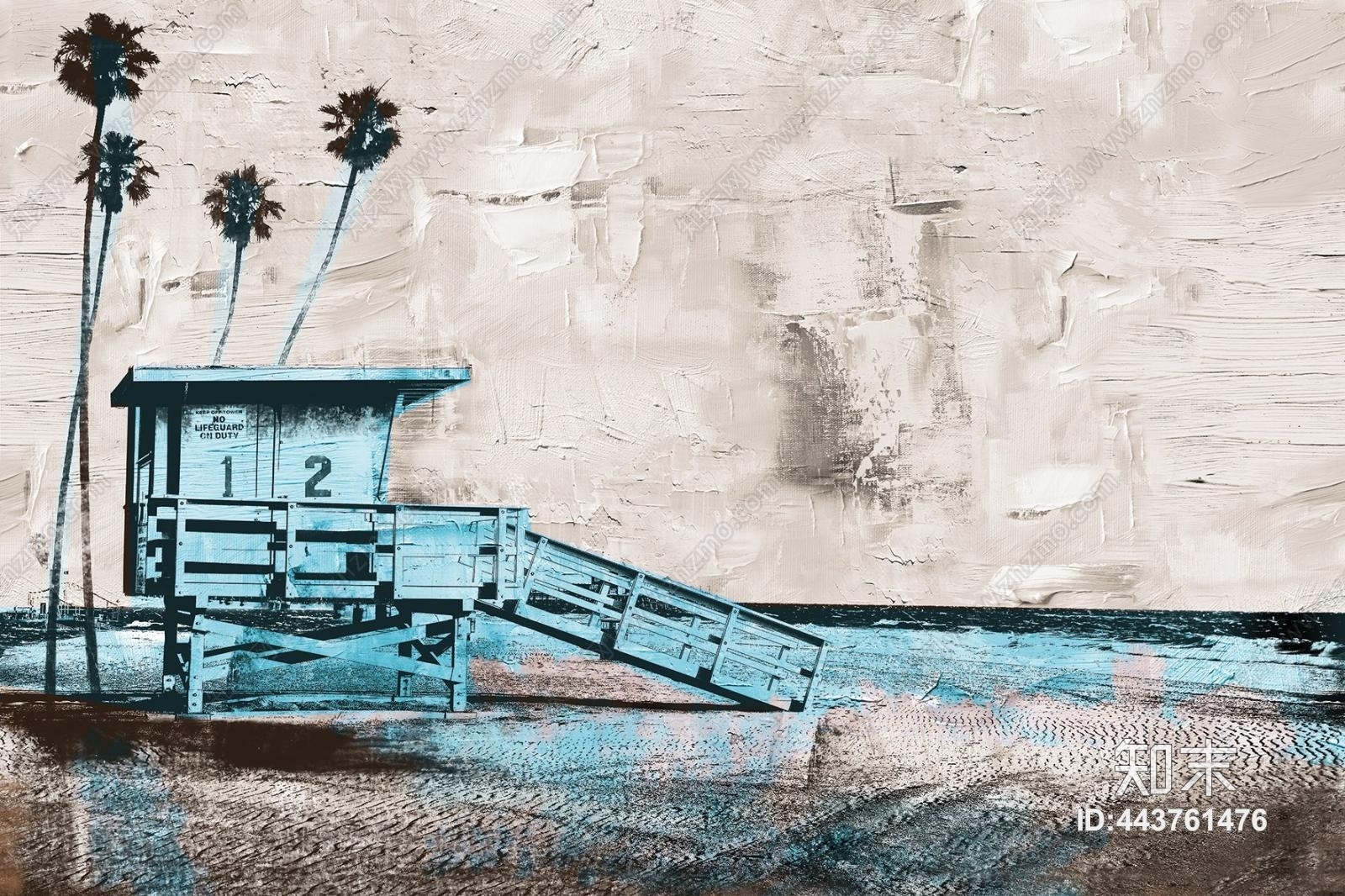 房子河流椰子树装饰壁纸壁画贴图下载【ID:443761476】