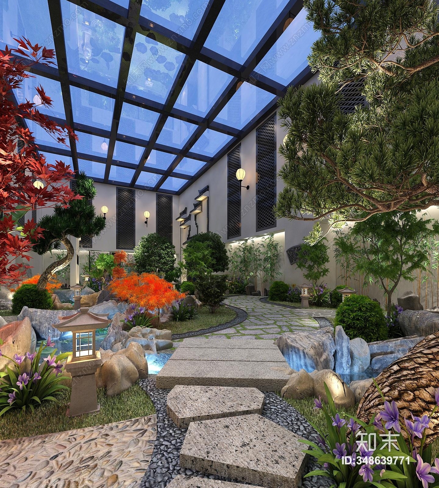 新中式会所园林景观3D模型下载【ID:348639771】