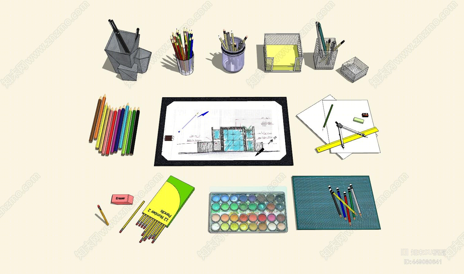 现代风格文具组合SU模型下载【ID:449080641】
