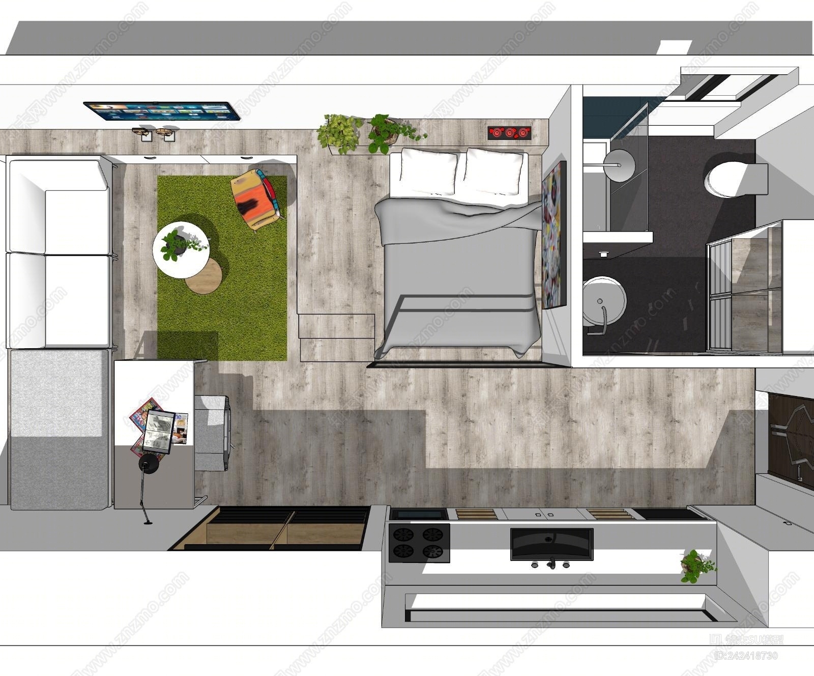 现代单间公寓空间SU模型下载【ID:242418730】