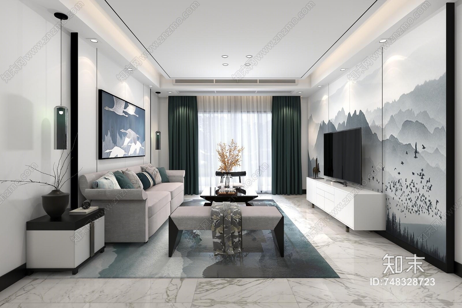 新中式客厅空间3D模型下载【ID:748328723】