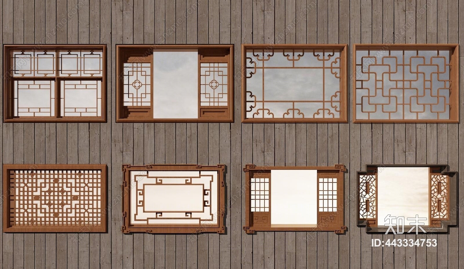 中式镂空木质仿古花窗3D模型下载【ID:443334753】