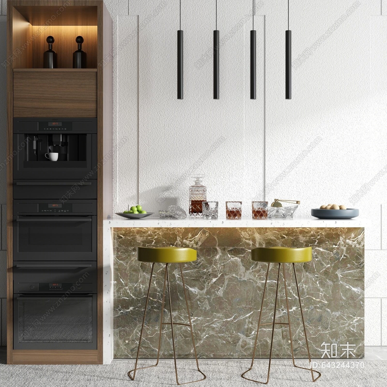 现代吧台椅酒水柜子吊灯饰品组合3D模型下载【ID:643244370】