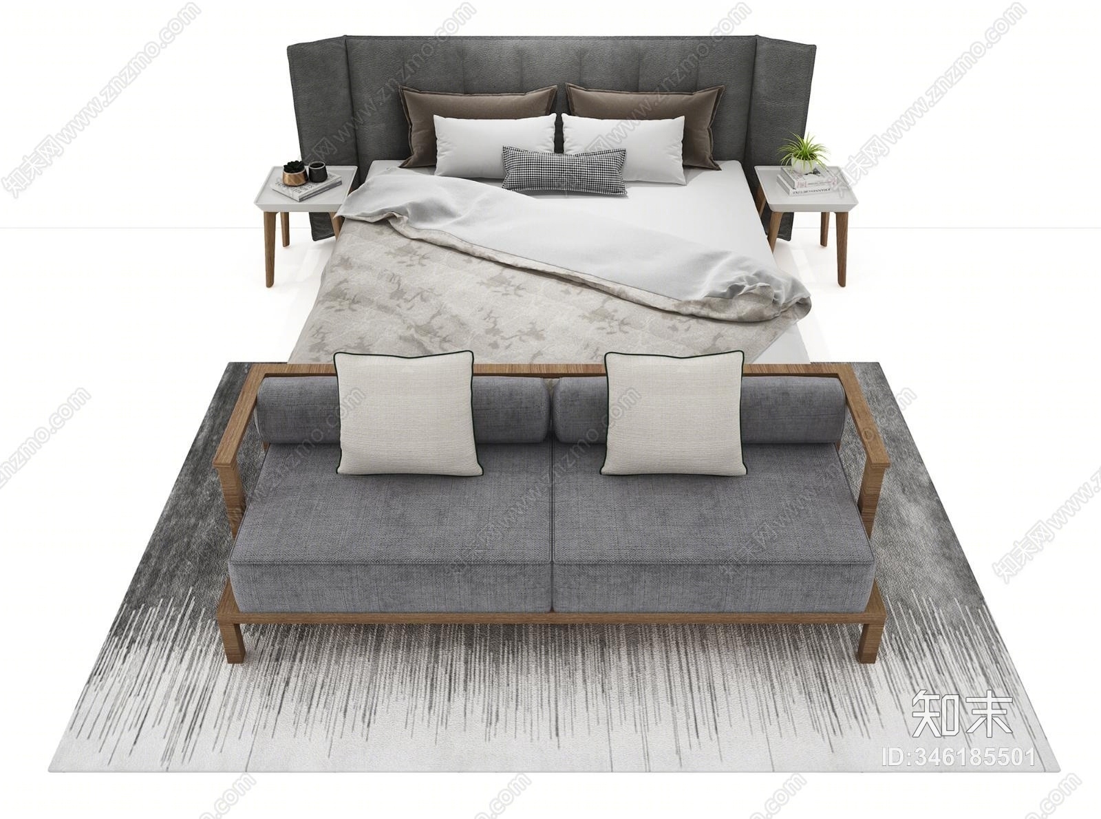 现代床具组合3D模型下载【ID:346185501】
