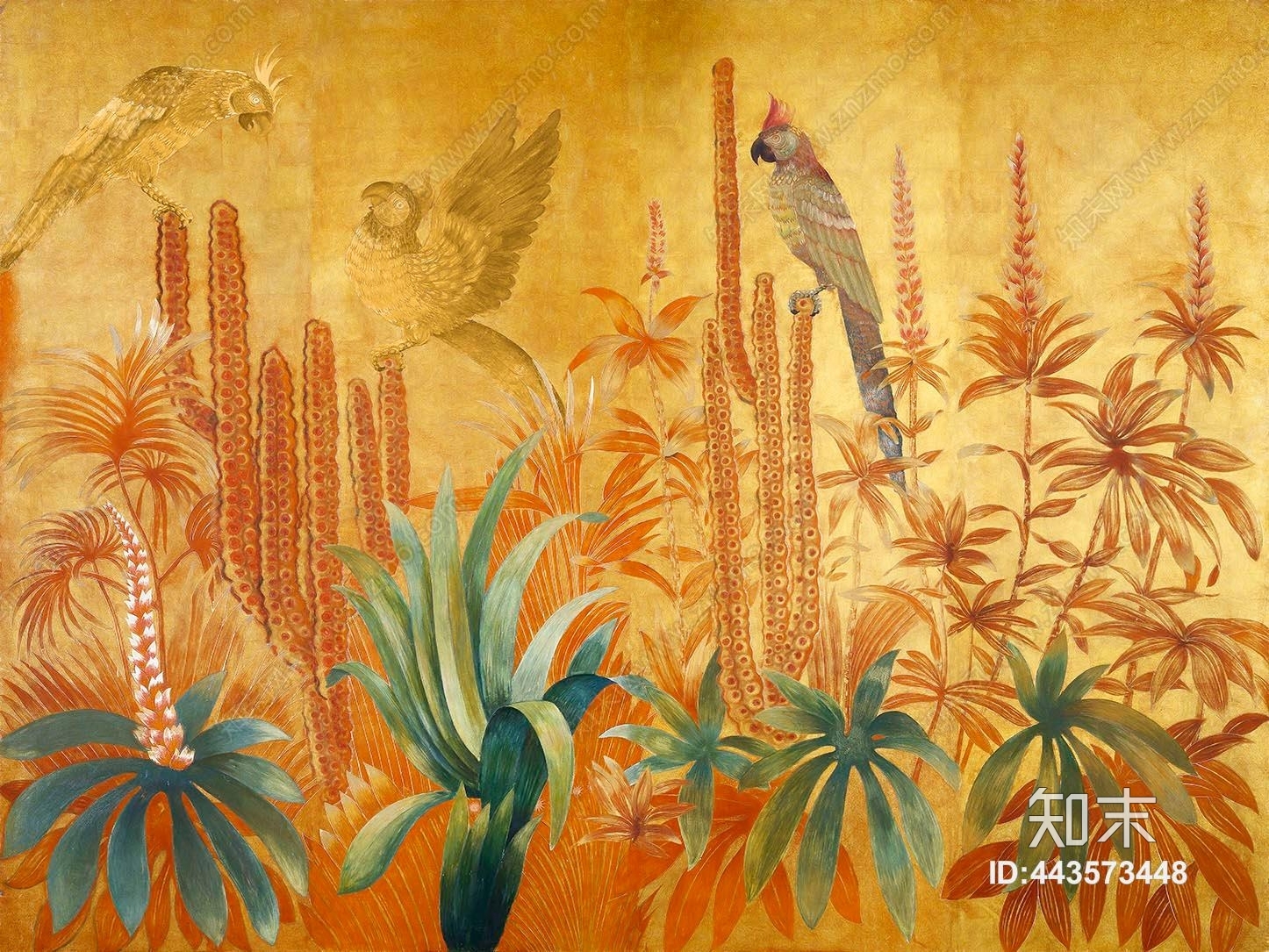 树木鸟儿暖色装饰壁纸贴图下载【ID:443573448】