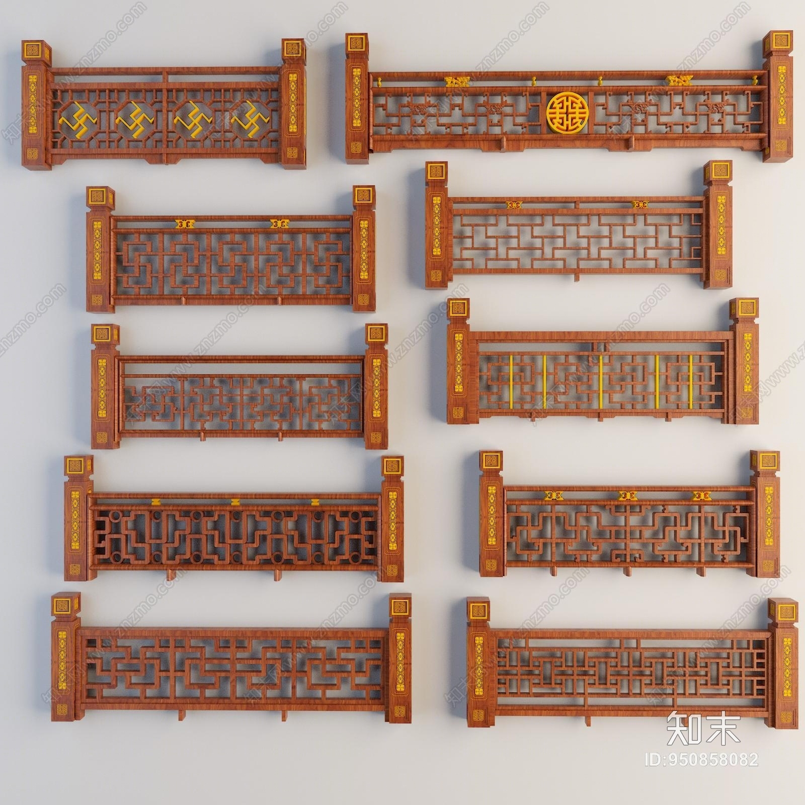 中式木质仿古栏杆3D模型下载【ID:950858082】