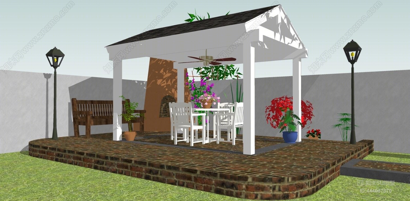 现代防腐木景观亭SU模型下载【ID:444007870】