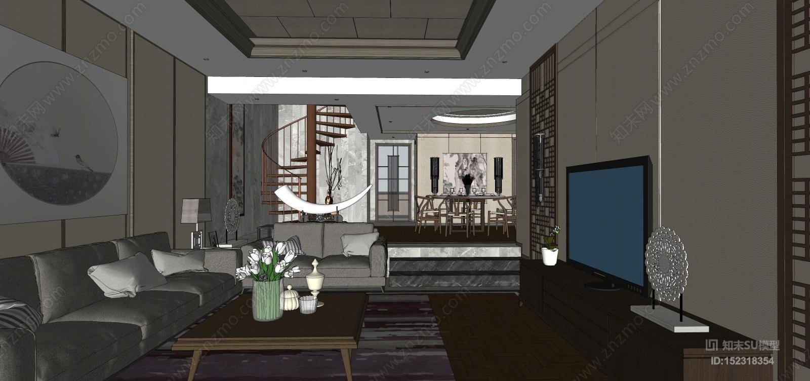 新中式风格室内SU模型下载【ID:152318354】