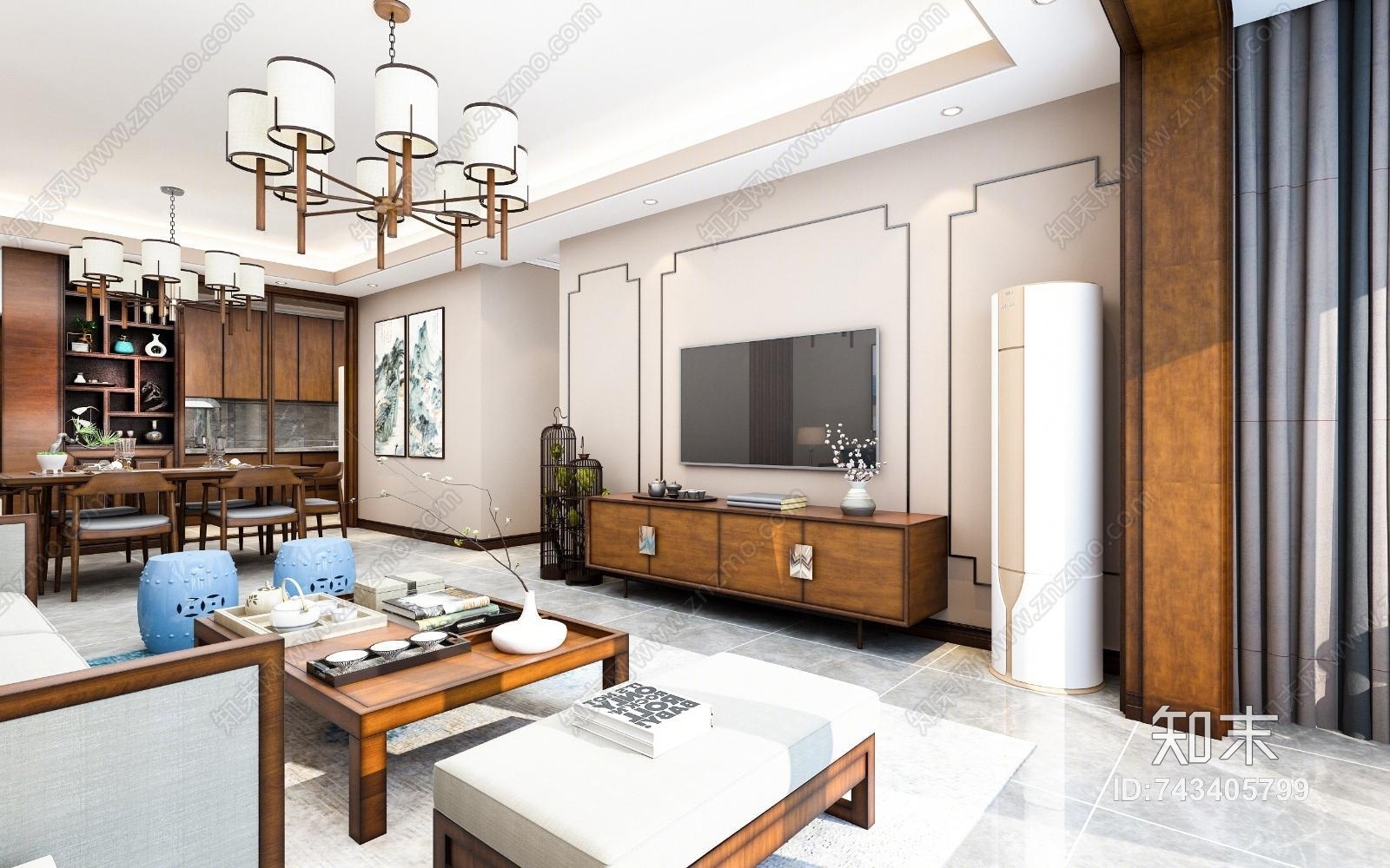 中式简约卧室3D模型下载【ID:743405799】