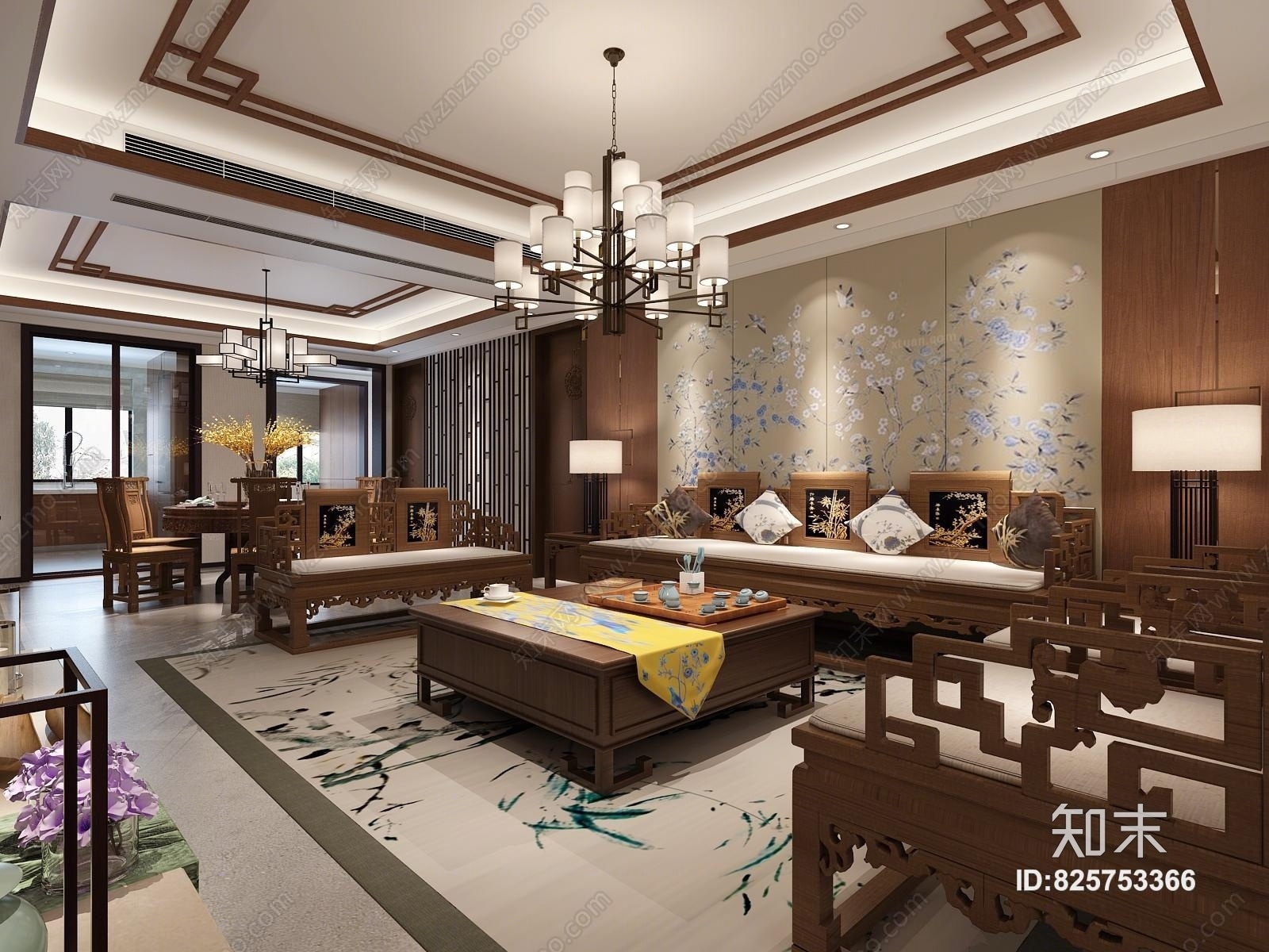 中式实木家具客餐厅3D模型下载【ID:825753366】