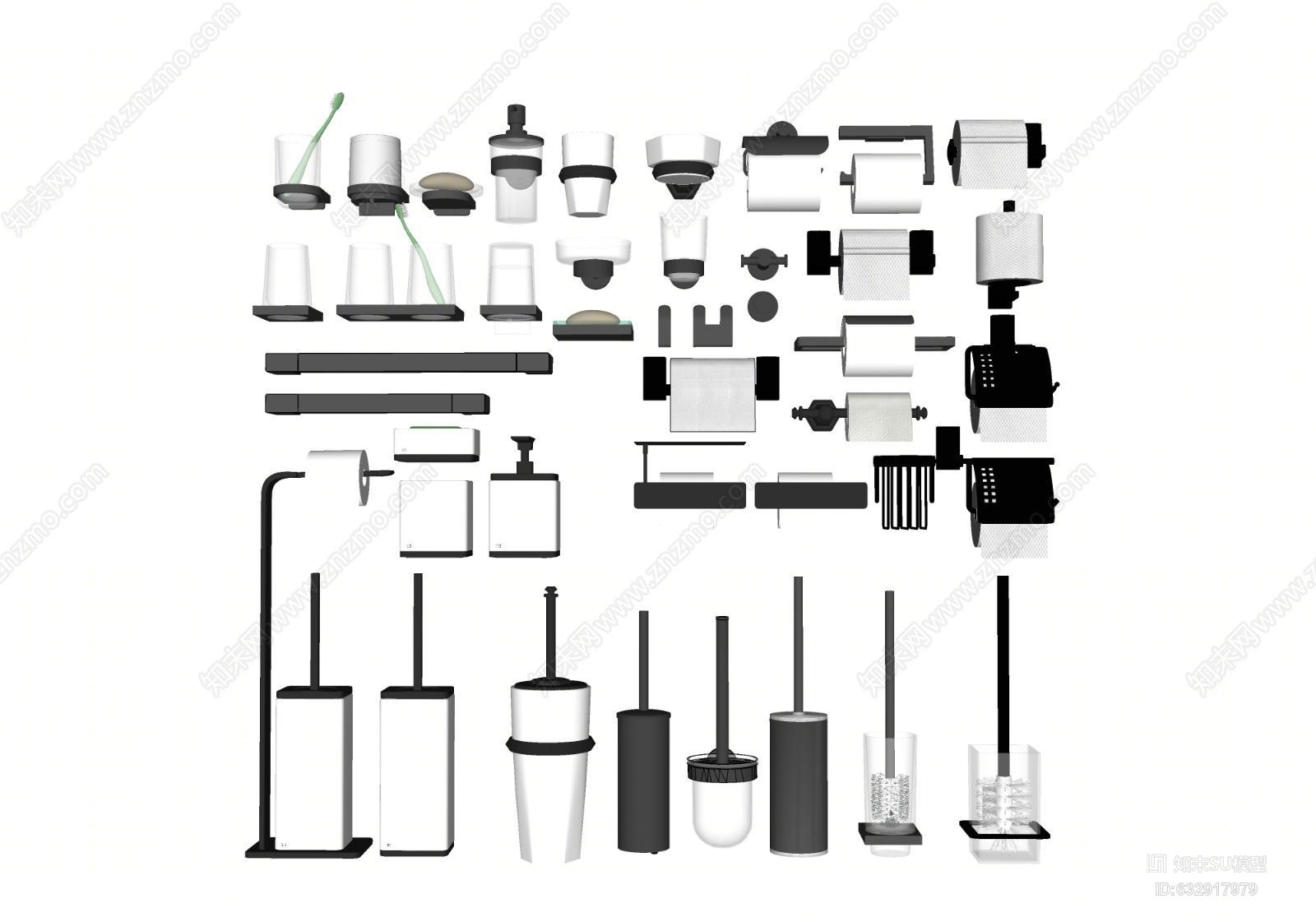 现代纸巾盒马桶刷五金件组合其他SU模型下载【ID:632917979】