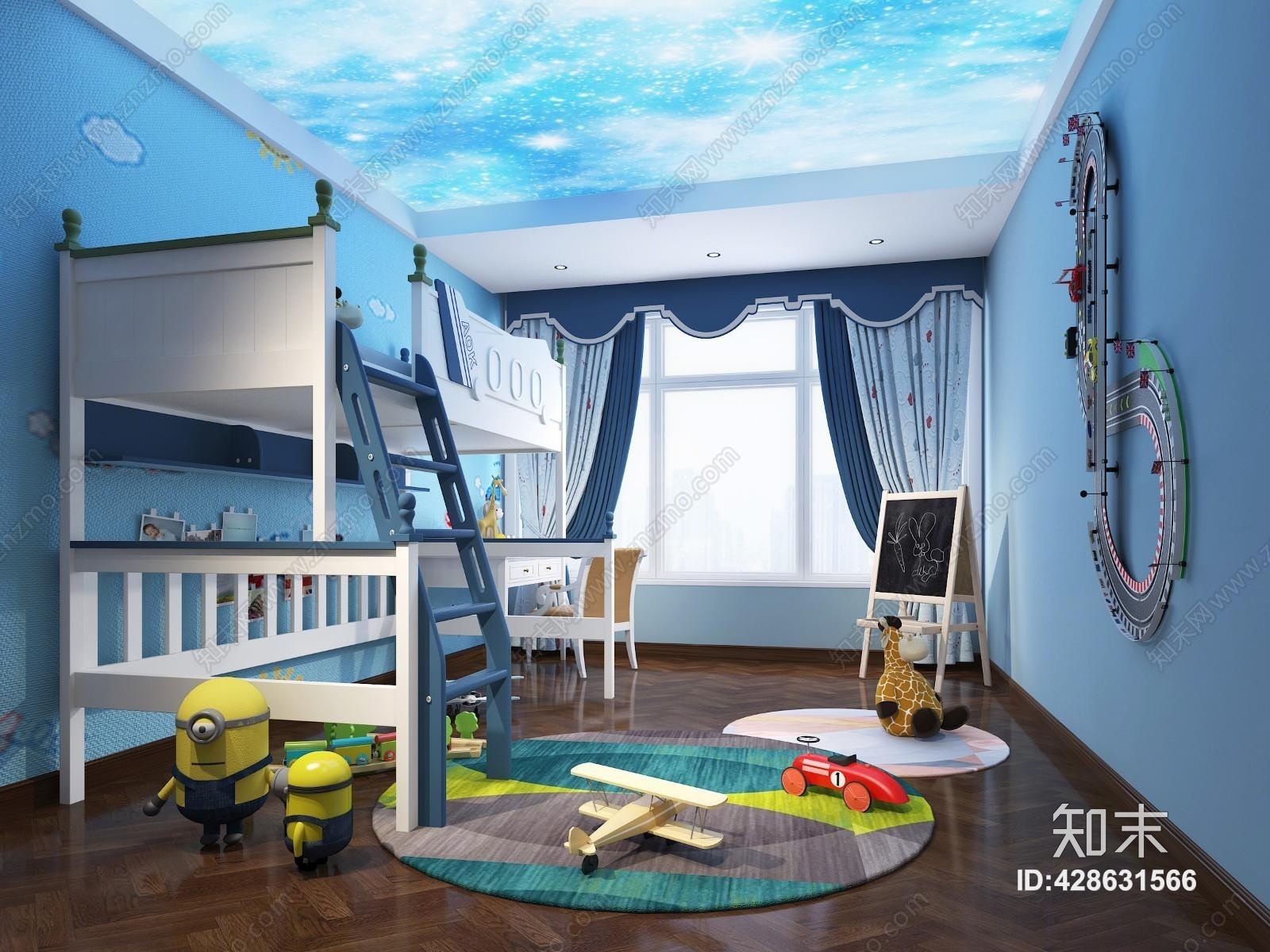 现代男孩房蓝色高低床3D模型下载【ID:428631566】