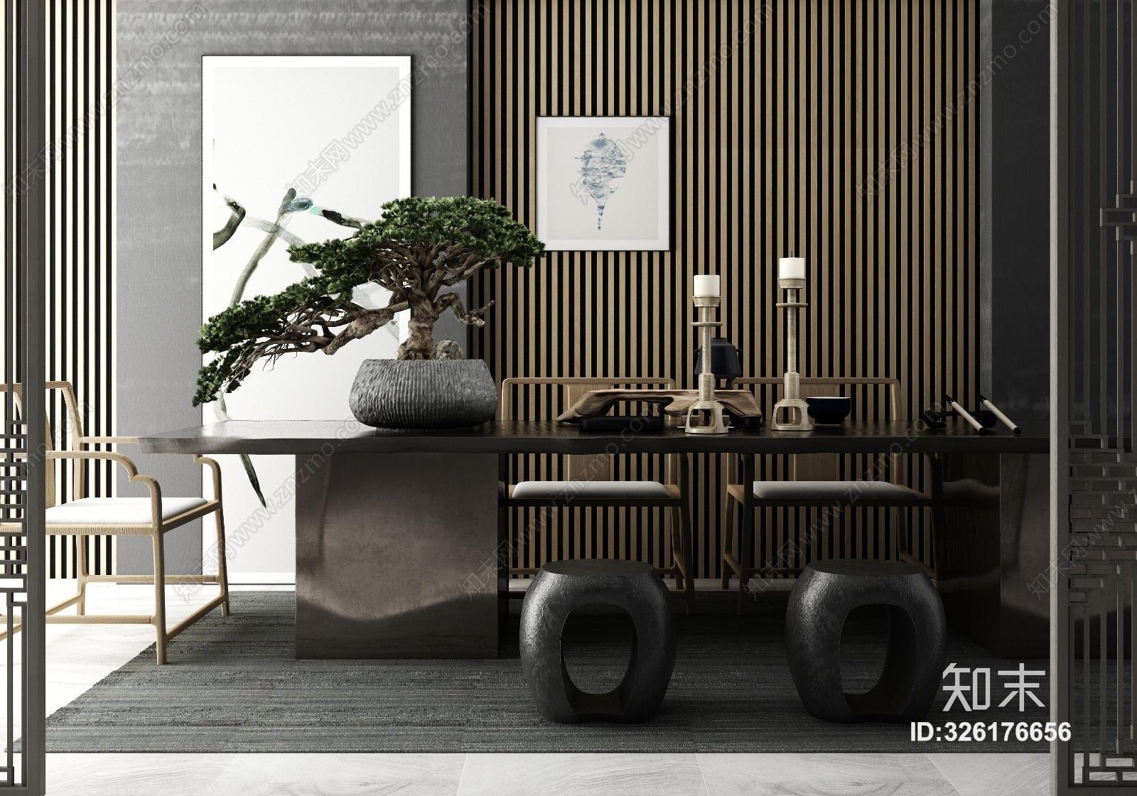 新中式茶台单椅矮凳茶具3D模型下载【ID:326176656】